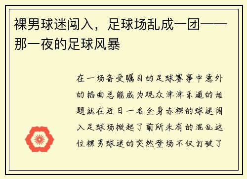 裸男球迷闯入，足球场乱成一团——那一夜的足球风暴